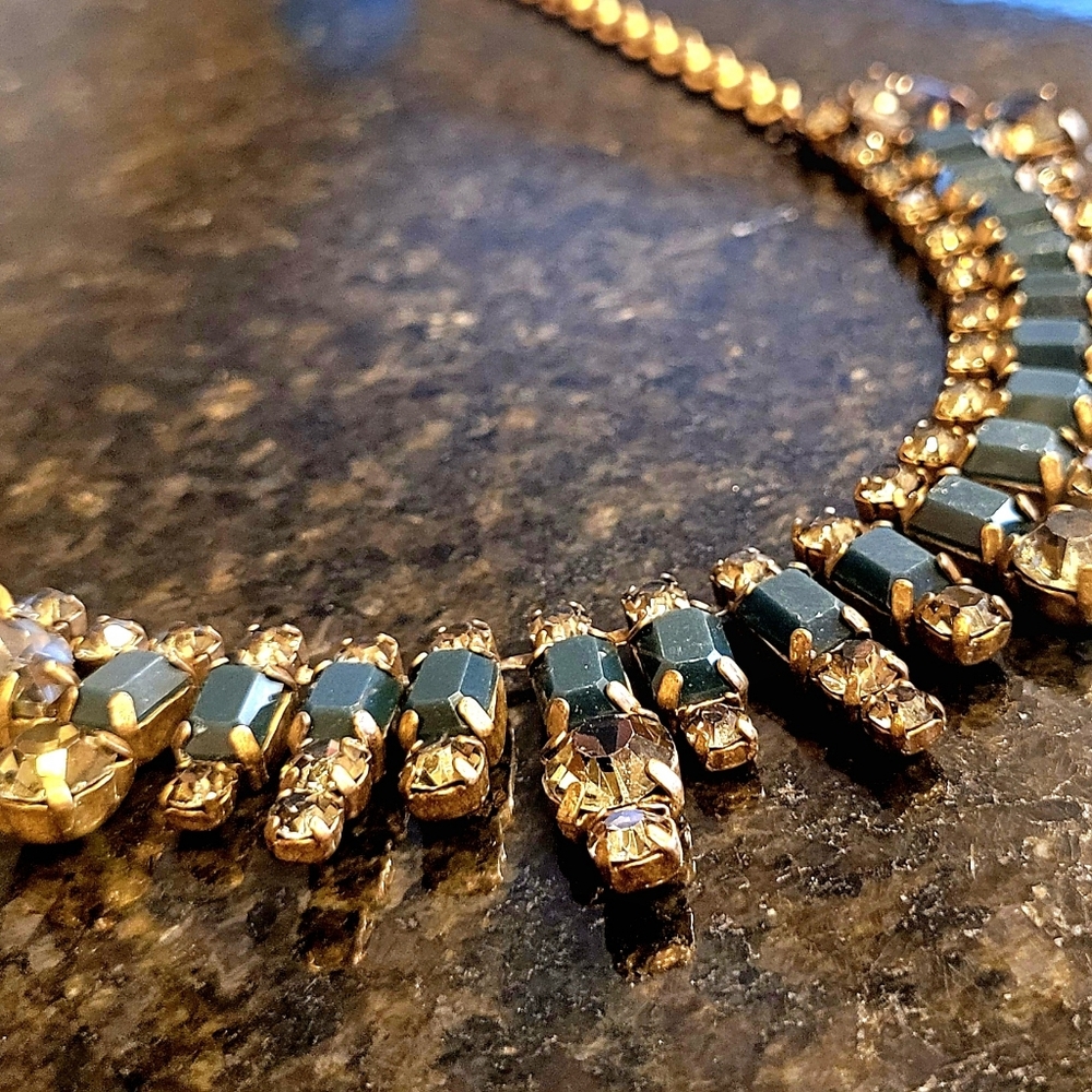 J. Crew Elegant Gold and Green Necklace, Art Deco Jewelry